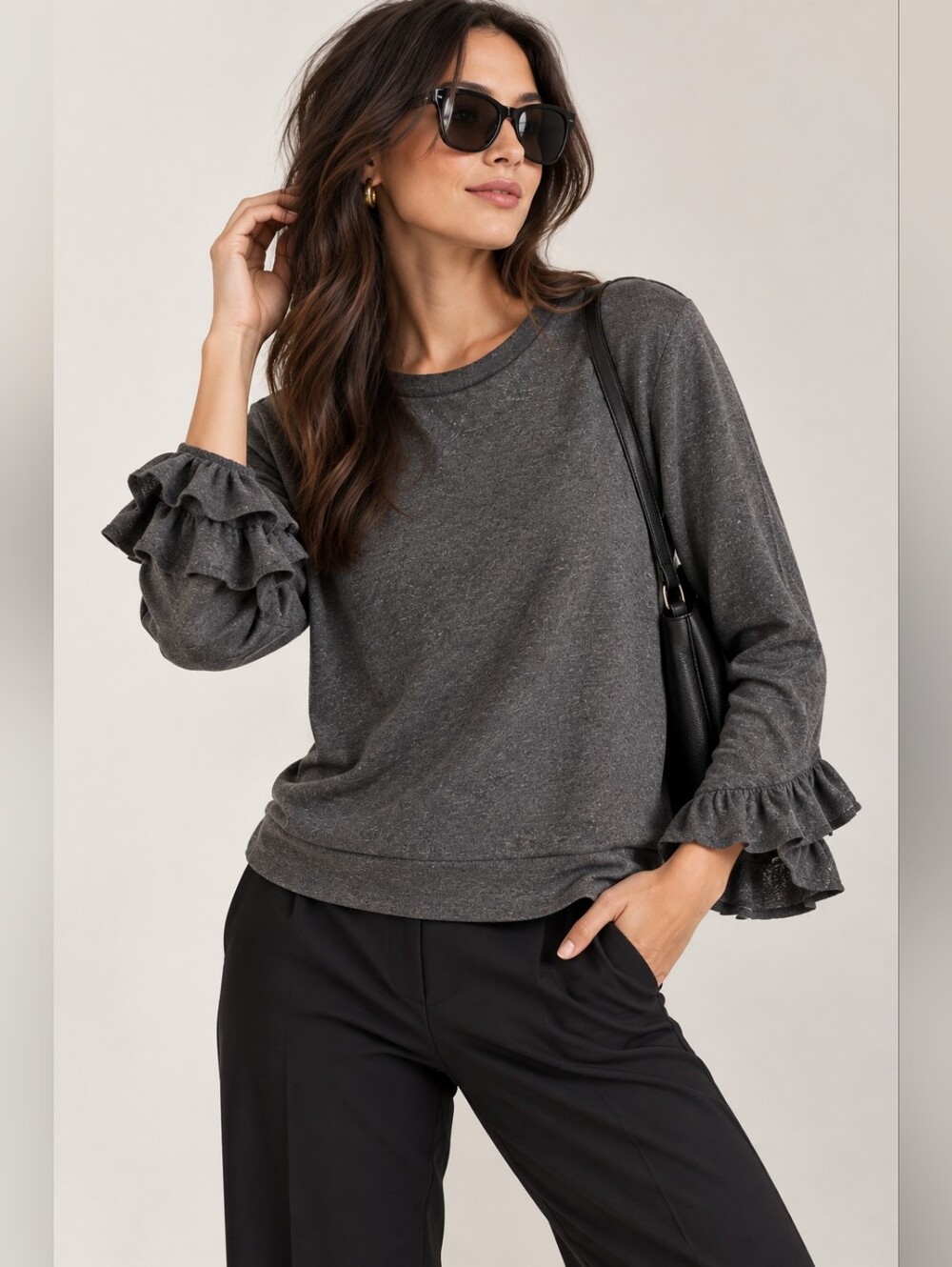 Anthropologie Elan Women's Top MEDIUM Ruffle Hem Long Sleeve USA‎ MADE Gray